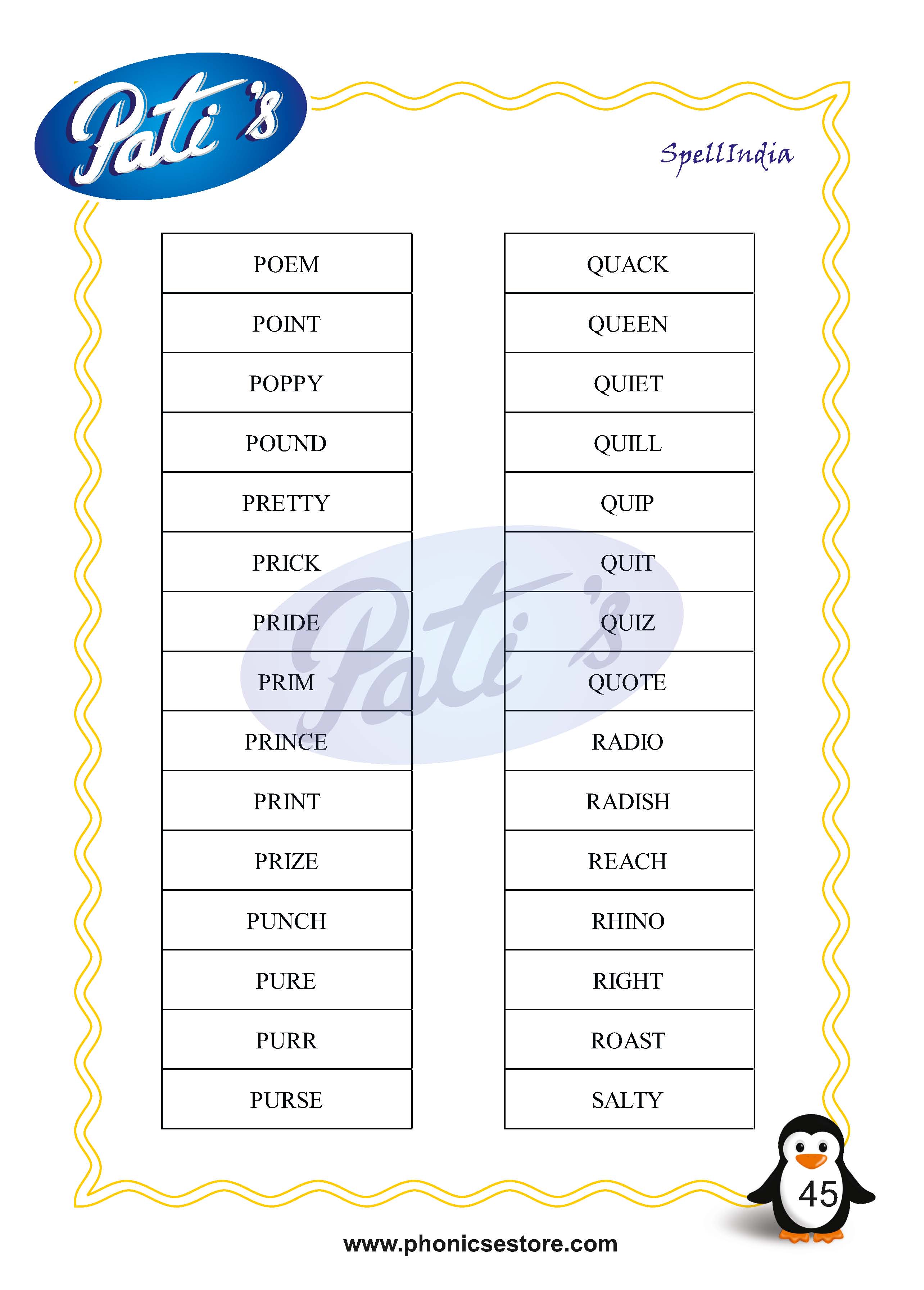 Pati Spelling Bee word list Class 2 Grade 2